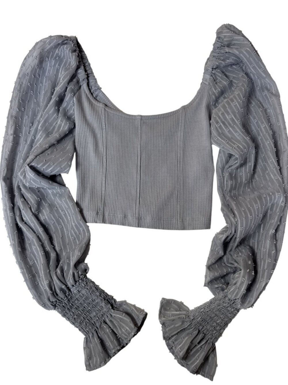 Urban Outfitters Blue Gray Crop Top With Sheer Puffy Sleeves XS